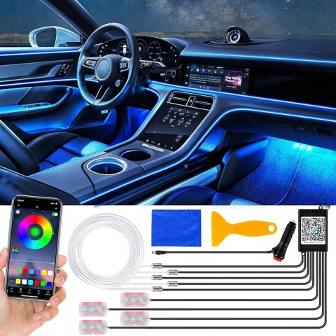 Wielokolorowe Oświetlenie Wnętrza Samochodu Paski LED RGB 6,5M 12V Wielokolorowe Oświetlenie Wnętrza Samochodu Paski LED RGB 6,5M 12V