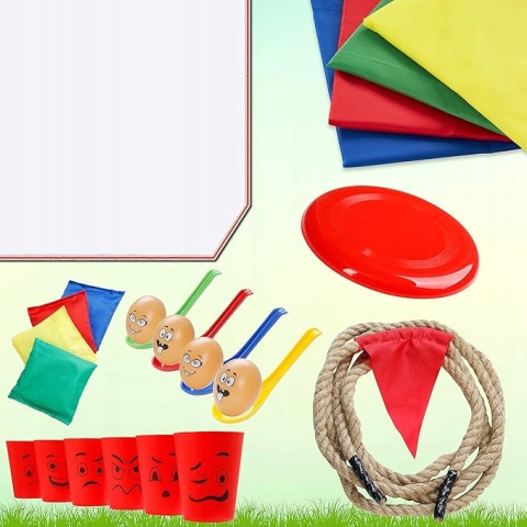 Zestaw Gier Plenerowych dla dzieci 6w1 Woreczki Szarfy Jajka - Gry Sportowe Zestaw Gier Plenerowych dla dzieci 6w1 Woreczki Szarfy Jajka - Gry Sportowe