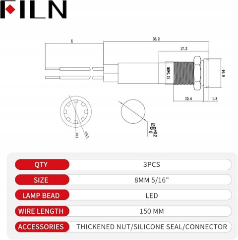 FILN 3 sztuki 8 mm (5/16") 12 V LED lampka kontrolna wodoszczelna