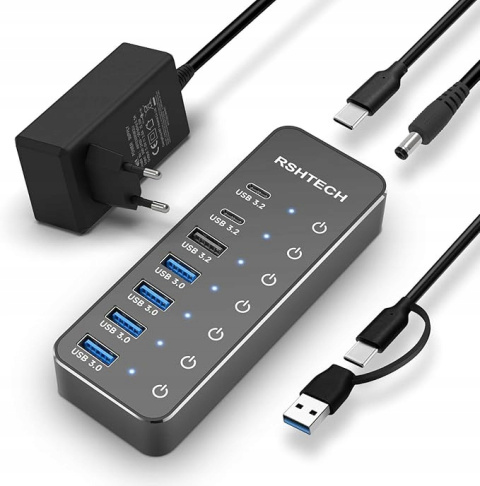 RSHTECH USB Hub 7-portowy 3x USB-C 10Gbps 4x USB-A Dotykowy przełącznik RSHTECH USB Hub 7-portowy 3x USB-C 10Gbps 4x USB-A Dotykowy przełącznik