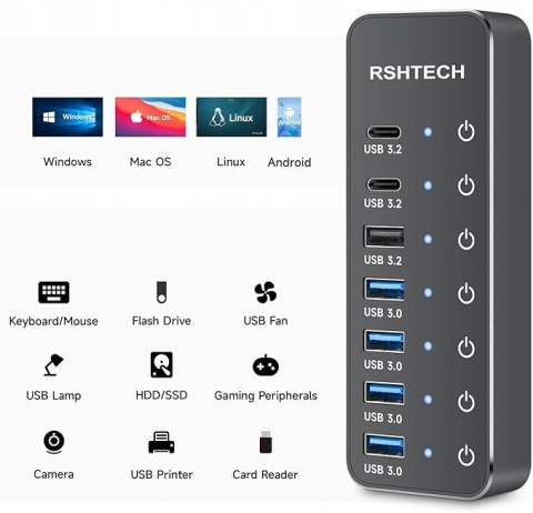 RSHTECH USB Hub 7-portowy 3x USB-C 10Gbps 4x USB-A Dotykowy przełącznik RSHTECH USB Hub 7-portowy 3x USB-C 10Gbps 4x USB-A Dotykowy przełącznik
