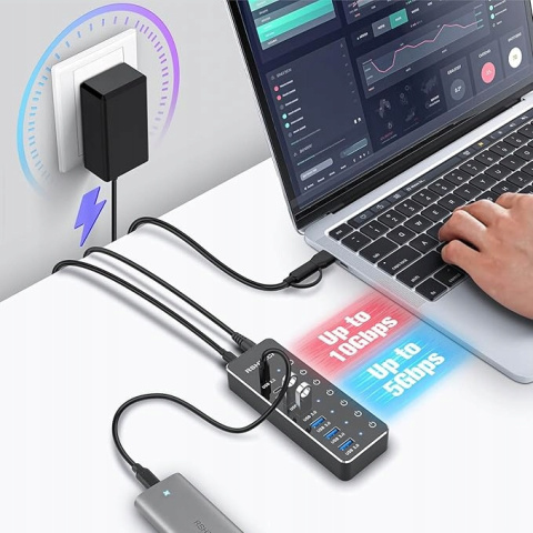 RSHTECH USB Hub 7-portowy 3x USB-C 10Gbps 4x USB-A Dotykowy przełącznik RSHTECH USB Hub 7-portowy 3x USB-C 10Gbps 4x USB-A Dotykowy przełącznik