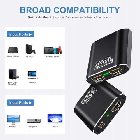 Rozdzielacz HDMI 1 in 2 out HDMI - 4K 2-drożny, idealny do gier Rozdzielacz HDMI 1 in 2 out HDMI - 4K 2-drożny, idealny do gier