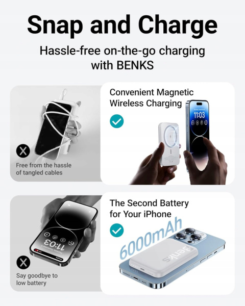 BENKS PowerBank BEZPRZEWODOWY 6000mAh MagSafe Iphone BIAŁY