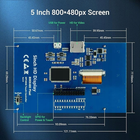 ELECROW do wyświetlacza Raspberry Pi, 5-calowy rezystancyjny ekran dotykowy