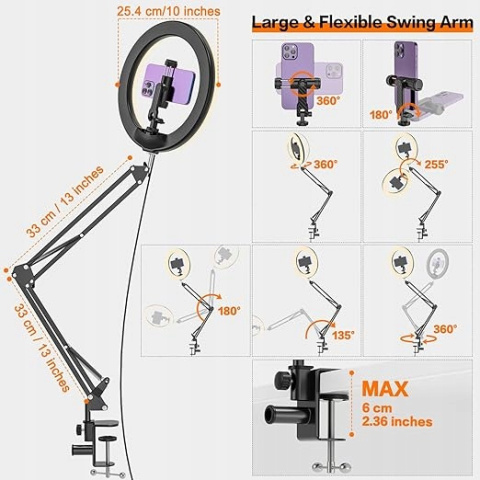 Lampa pierścieniowa LED Biurkowa 10'' z Statywem na Telefon 3 Tryby Kolorów Lampa pierścieniowa LED Biurkowa 10'' z Statywem na Telefon 3 Tryby Kolorów