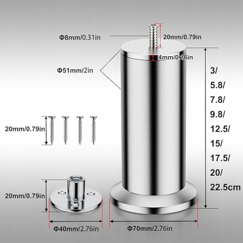 Nóżki meblowe ze Stali Nierdzewnej 17,5cm Śruby M8 do Sofy Kanapy - 4szt. Nóżki meblowe ze Stali Nierdzewnej 17,5cm Śruby M8 do Sofy Kanapy - 4szt.