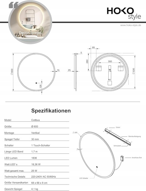 Lustro Łazienkowe LED Duże Okrągłe 60 cm z włącznikiem dotykowym 2700-6500K