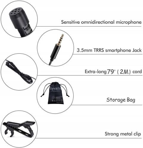 Mikrofon krawatowy z Klipsem do iPhone/Android Redukcja Szumów 2m Adapter Mikrofon krawatowy z Klipsem do iPhone/Android Redukcja Szumów 2m Adapter
