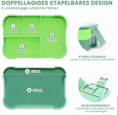 Pojemnik na posiłek Lunchbox Śniadanie Szczelny bez BPA + Sztućce Zielony Pojemnik na posiłek Lunchbox Śniadanie Szczelny bez BPA + Sztućce Zielony