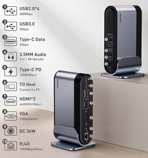 Baseus Stacja dokująca 14-portów HUB USB-C, 2x HDMI 4K, VGA, RJ45, PD