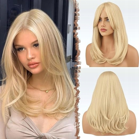 Peruka Blond z Grzywką 45cm Syntetyczne Włosy Jasny Blond Długie Proste Peruka Blond z Grzywką 45cm Syntetyczne Włosy Jasny Blond Długie Proste