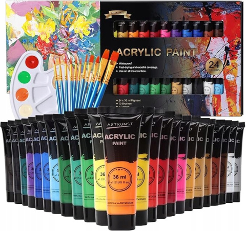 Zestaw Farb Akrylowych 24 Kolory 36ml - Farba Akrylowa z 10 Pędzlami Zestaw Farb Akrylowych 24 Kolory 36ml - Farba Akrylowa z 10 Pędzlami