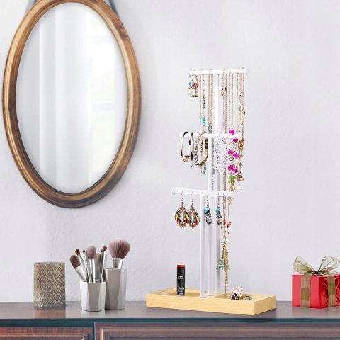 Regulowany Stojak na biżuterię 15-58cm Love-KANKEI 3 pręty Drewniana taca