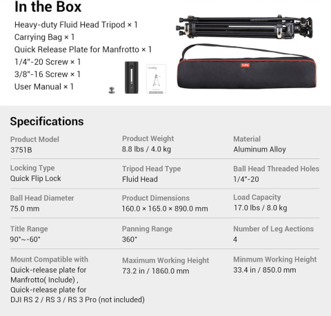 Statyw tripod Smallrig Video Heavy-Duty z głowicą AD-01 186 cm 3751B