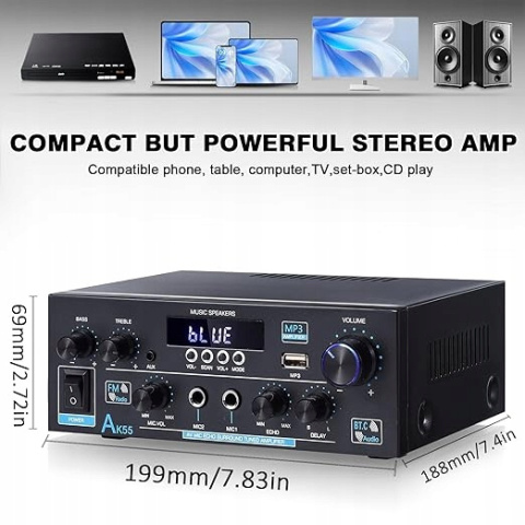 AK55 WZMACNIACZ HI-FI STEREO BLUETOOTH 5.0 2-KANAŁOWY 70W X 2 USB RCA AK55 WZMACNIACZ HI-FI STEREO BLUETOOTH 5.0 2-KANAŁOWY 70W X 2 USB RCA