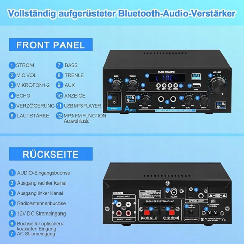 AK55 WZMACNIACZ HI-FI STEREO BLUETOOTH 5.0 2-KANAŁOWY 70W X 2 USB RCA AK55 WZMACNIACZ HI-FI STEREO BLUETOOTH 5.0 2-KANAŁOWY 70W X 2 USB RCA