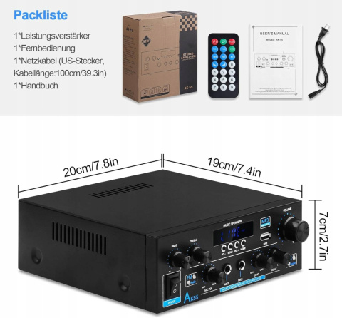 AK55 WZMACNIACZ HI-FI STEREO BLUETOOTH 5.0 2-KANAŁOWY 70W X 2 USB RCA AK55 WZMACNIACZ HI-FI STEREO BLUETOOTH 5.0 2-KANAŁOWY 70W X 2 USB RCA