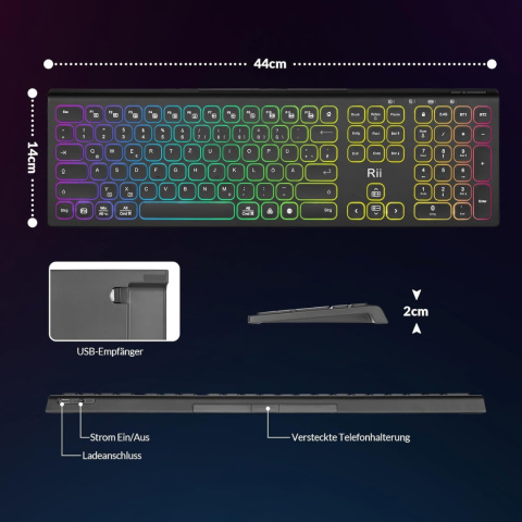 Klawiatura bezprzewodowa RII DE RK801 QWERTZ Bluetooth USB z podświetleniem