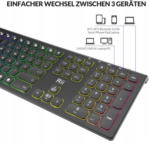 Klawiatura bezprzewodowa RII DE RK801 QWERTZ Bluetooth USB z podświetleniem