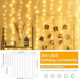 Ollny Kurtyna świetlna z 300 diodami LED, drut miedziany, ciepła biel