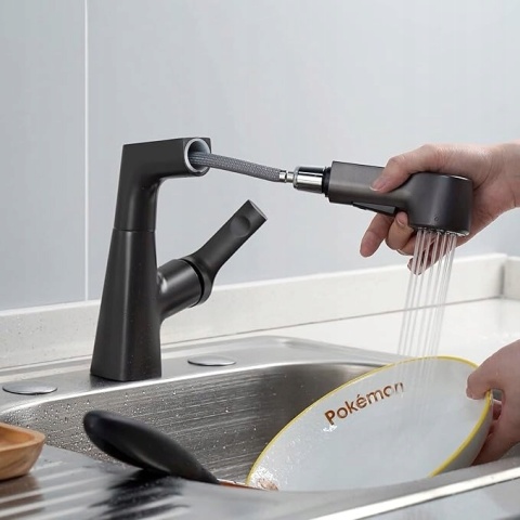 Bateria Kuchenna z Wyciąganą Wylewką 2 Tryby Obrotowa 360° Mosiądz Czarna