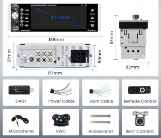 Radio samochodowe 1 Din DAB/DAB+ CarPlay 5" Bluetooth Kamera Cofania